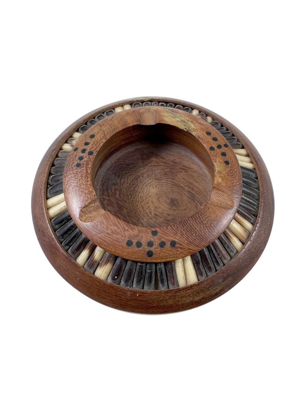 Turned Wood Ashtray with Porcupine Quill Inlay Vintage 1960s